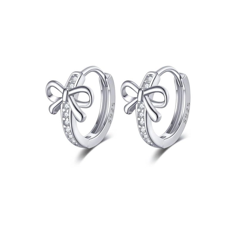 Reffeer Solid 925 Sterling Silver CZ Bow Hoop Earrings Ribbon for Women Teen Girls Bowknot Hoop Earrings Huggie (A-Silver) - Image 1