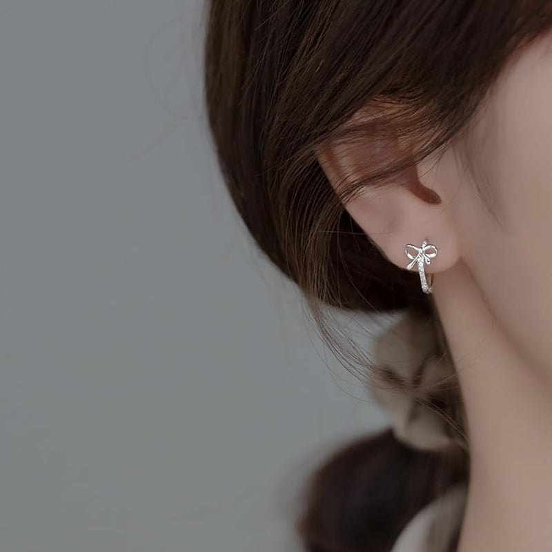 Reffeer Solid 925 Sterling Silver CZ Bow Hoop Earrings Ribbon for Women Teen Girls Bowknot Hoop Earrings Huggie (A-Silver) - Image 2