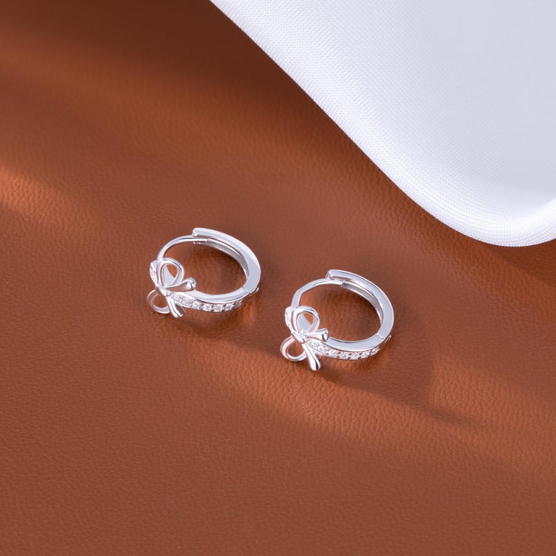 Reffeer Solid 925 Sterling Silver CZ Bow Hoop Earrings Ribbon for Women Teen Girls Bowknot Hoop Earrings Huggie (A-Silver) - Image 5