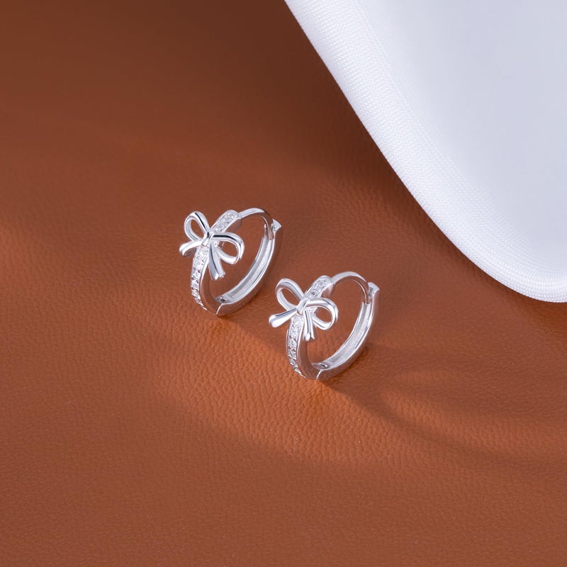 Reffeer Solid 925 Sterling Silver CZ Bow Hoop Earrings Ribbon for Women Teen Girls Bowknot Hoop Earrings Huggie (A-Silver) - Image 3