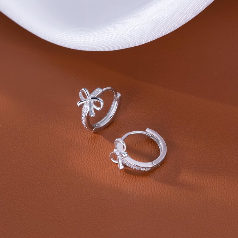Reffeer Solid 925 Sterling Silver CZ Bow Hoop Earrings Ribbon for Women Teen Girls Bowknot Hoop Earrings Huggie (A-Silver) - Image 4