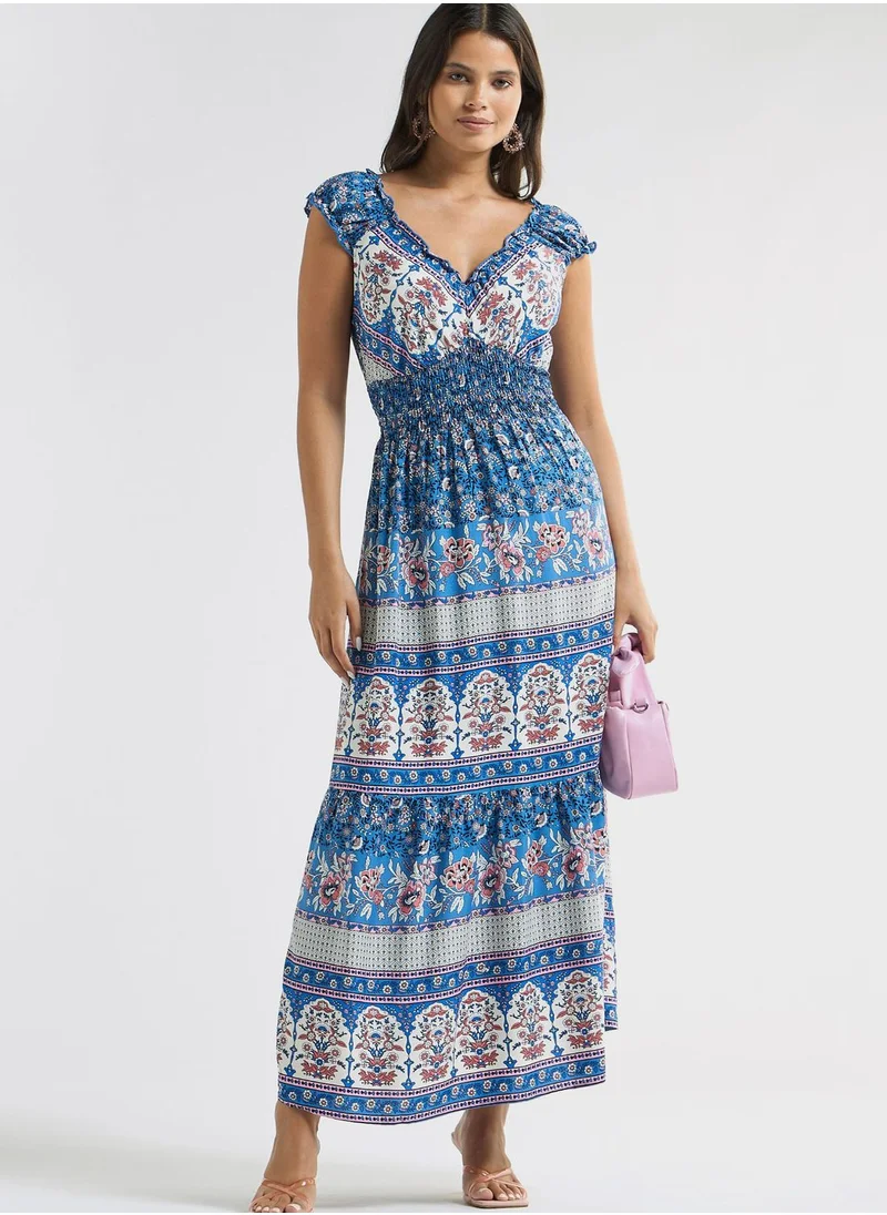 FAV Print V-Neck Tiered Dress With Cap Sleeves