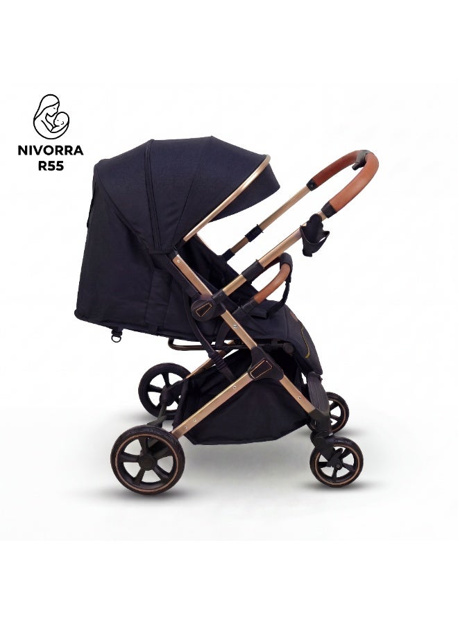 NIVORRA Luxury Baby Stroller with Lightweight Aluminum Frame Compact Foldable Travel System with Adjustable Canopy and Leather Handle - 9.4 KG - Image 3