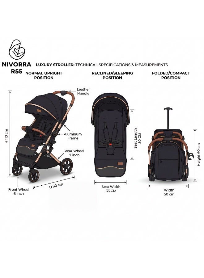 NIVORRA Luxury Baby Stroller with Lightweight Aluminum Frame Compact Foldable Travel System with Adjustable Canopy and Leather Handle - 9.4 KG - Image 2