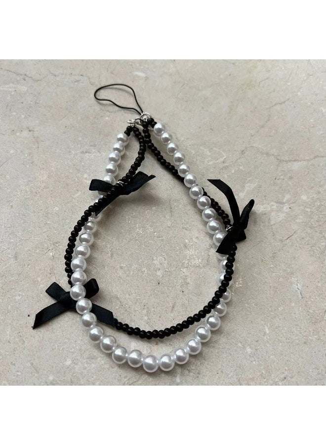 NIBEMINENT Phone Charm/ Chain Strap for Women Girls, Pearl Bow Cell Phone Case Lanyard Wrist Strap