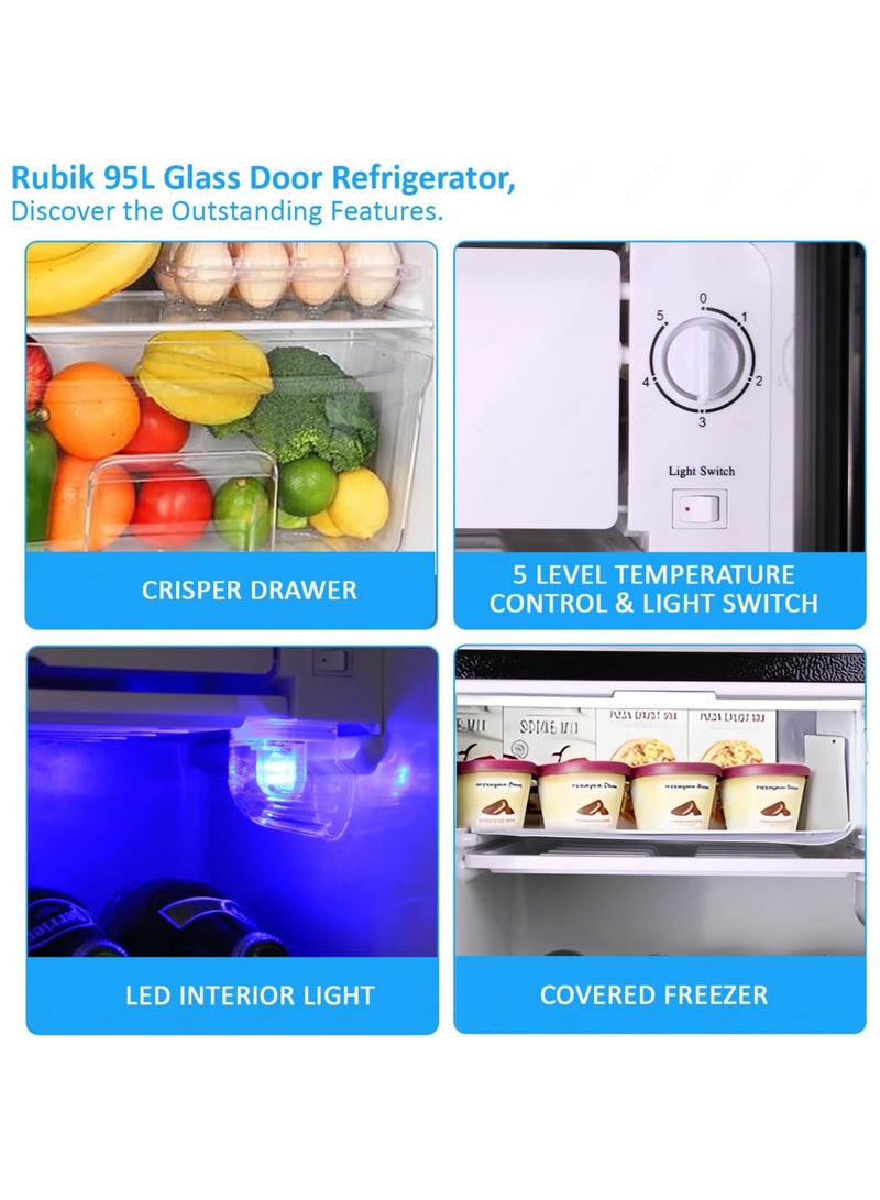 Rubik 95L Glass Door Refrigerator With Semi Freezer Compartment, Direct Cold with Frost, LED Light and Key Lock, (RB-95HC-JC) Black  - Image 5
