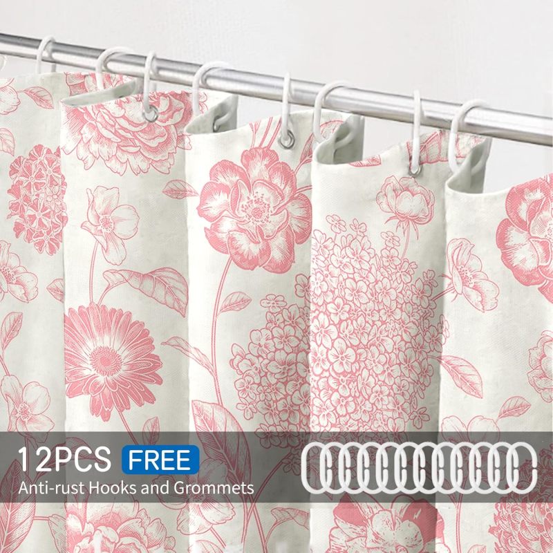 Pink Shower Curtain 180×180Cm Waterproof Cotton-Linen - Exquisite Floral Farmhouse Shower Curtain for Bathroom Decor - Image 5