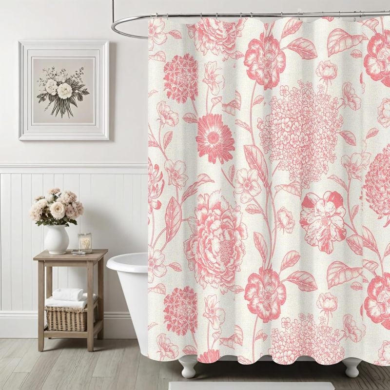 Pink Shower Curtain 180×180Cm Waterproof Cotton-Linen - Exquisite Floral Farmhouse Shower Curtain for Bathroom Decor - Image 1
