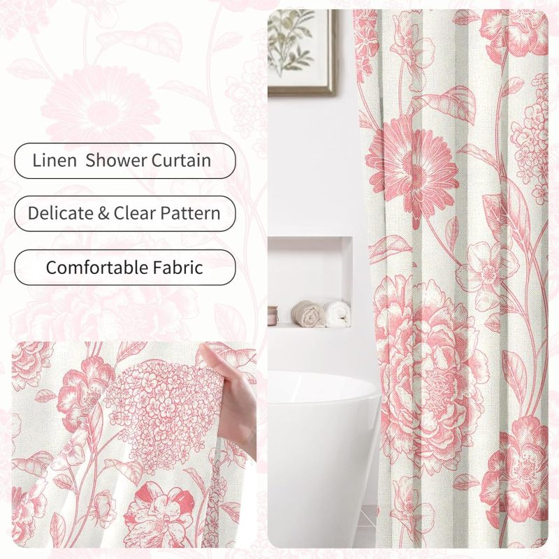 Pink Shower Curtain 180×180Cm Waterproof Cotton-Linen - Exquisite Floral Farmhouse Shower Curtain for Bathroom Decor - Image 2