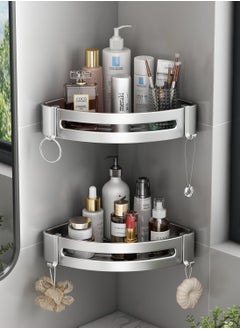 Chabeia 2 Pack Shower Caddy Corner, SUS304 Stainless Steel ,with 4 Hooks,Wall Mounted ,Shower Organizer ,no drilling with Stickers, Bathroom Corner, Shampoo Holder,Silver  - Image 1