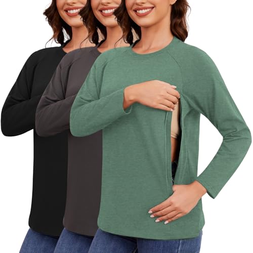 Ecavus 3-Pack Long Sleeve Breastfeeding Shirts with Hidden Zippers Comfort and Soft Nursing Shirts for Women - Image 1
