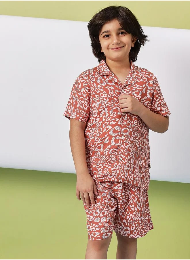 Stylo Bug Stylo Bug Brown Rayon Printed Shirt & Shorts Set for Boys
