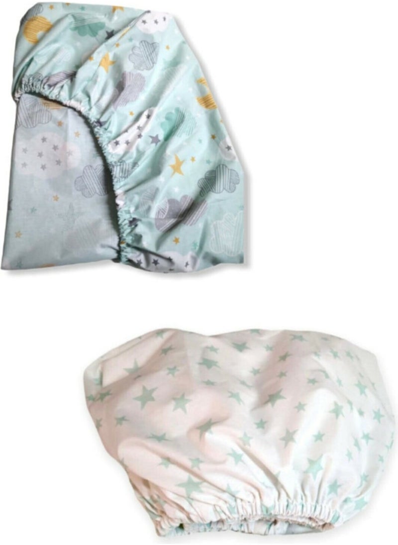 Bebek Özel Baby Special Cotton Baby and Kids Fitted Sheet Green Moon and Green Star 80X140 (2 Pieces) 