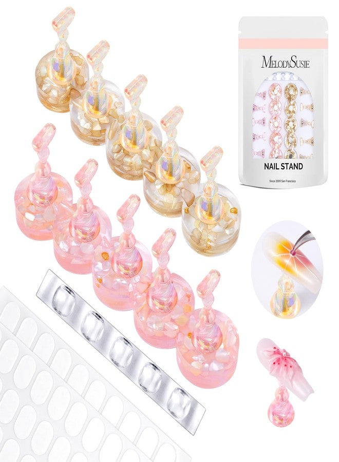 MelodySusie Nail Stand for Press Ons, Round Shell Shape Magnetic Base for Painting Display with Brush Holder and 100 Pcs Reusable Double-Sided Tape for Home DIY Salon Supplies, Pink and Brown - Image 1