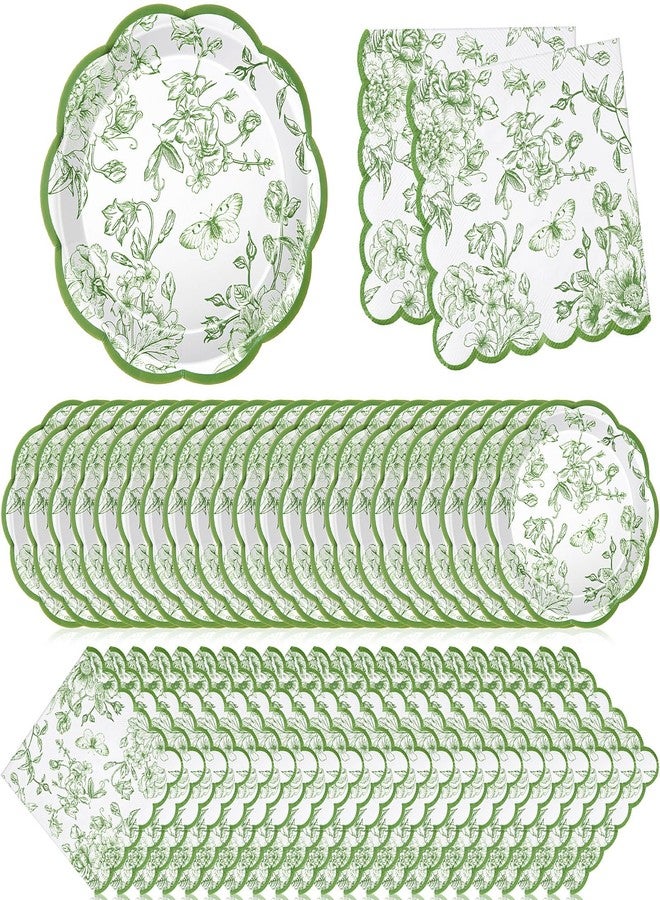 Willinglong 120 Pcs Floral Paper Plates and Napkins Bulk Disposable Napkin 2-ply Scalloped Paper Plates Dinnerware Sets for Wedding Baby Shower Birthday Party Decorations(Green) - Image 1
