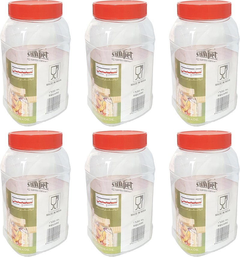 J1500S1 1500ml Rectangle Plastic Food Storage Canisters, Red, Pack of 6