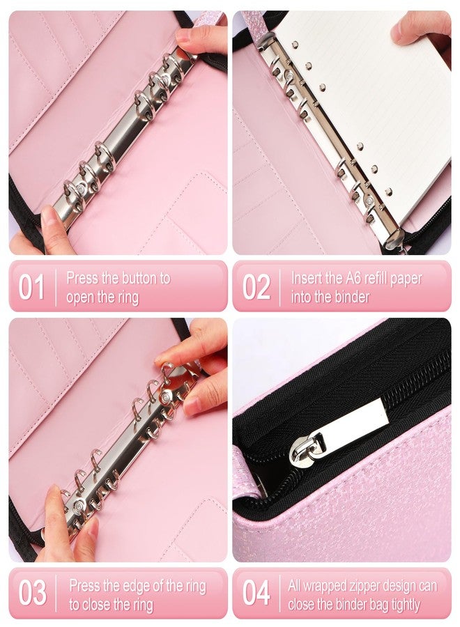 Toplive A6 Budget Binder with Zipper, 6 Ring Refillable Planner Binder Cover for A6 Cash Budget System, PU Leather Personal Organizer Personal Wallet Binder, Glitter Pink - Image 4