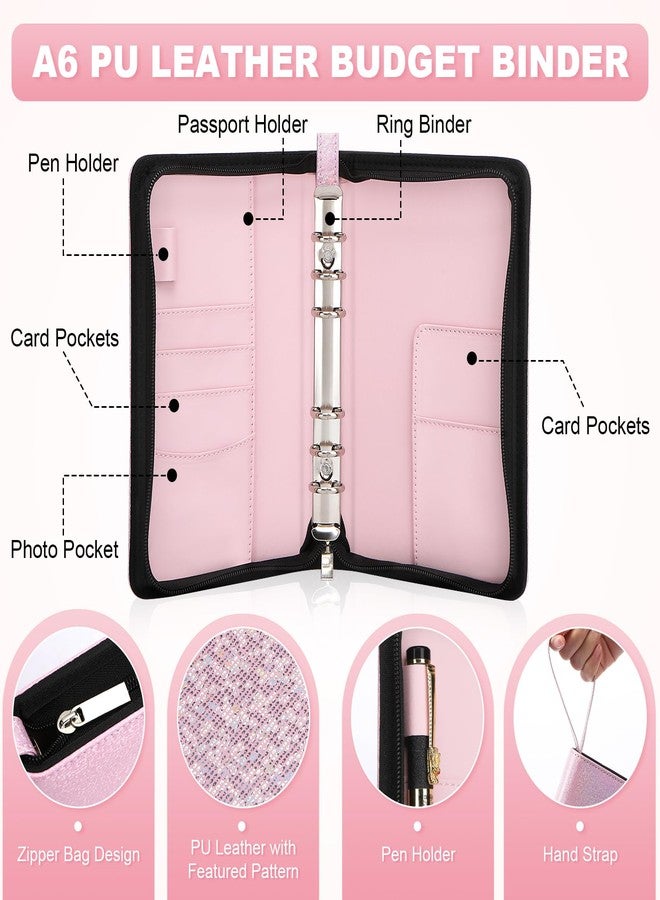 Toplive A6 Budget Binder with Zipper, 6 Ring Refillable Planner Binder Cover for A6 Cash Budget System, PU Leather Personal Organizer Personal Wallet Binder, Glitter Pink - Image 3