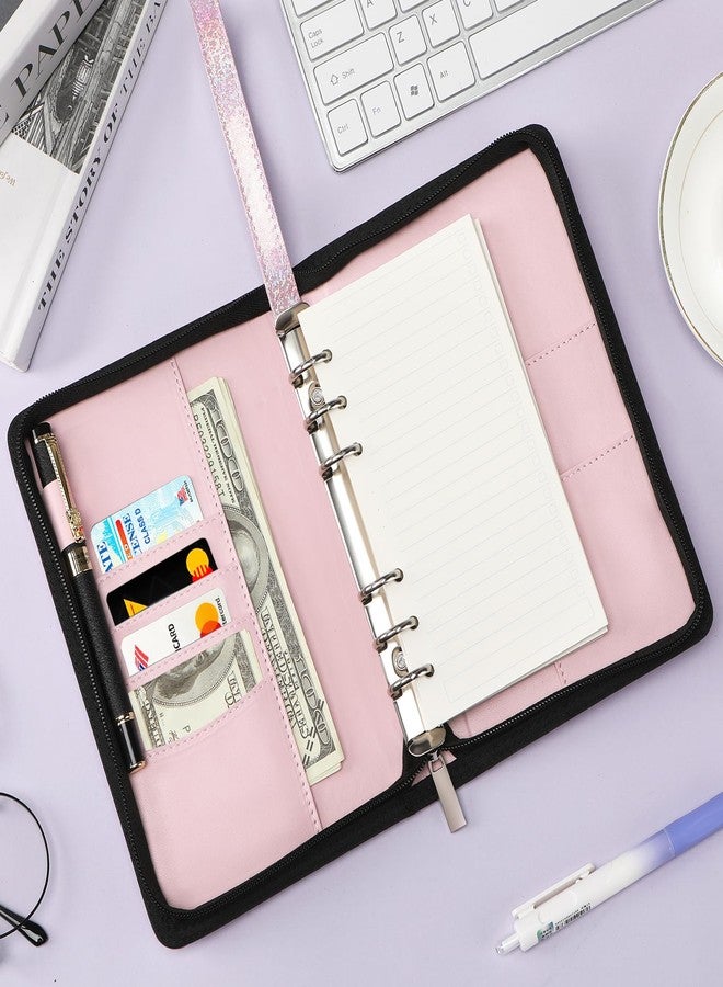 Toplive A6 Budget Binder with Zipper, 6 Ring Refillable Planner Binder Cover for A6 Cash Budget System, PU Leather Personal Organizer Personal Wallet Binder, Glitter Pink - Image 2