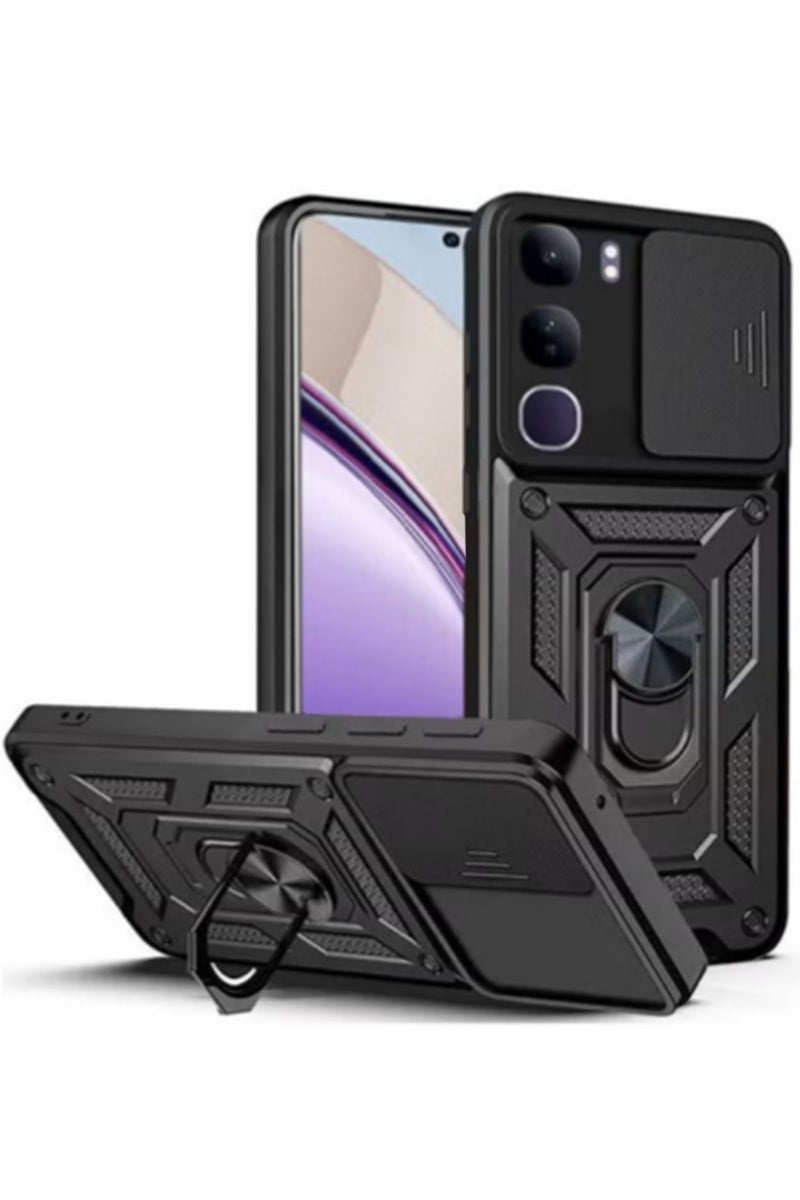 vivo V40 Lite 5G/ Y300 5G Case Cover, Slide Camera Lens Cover + 360°Rotating Kickstand Ring + Support Magnetic Car Mount Shockproof Mobile Phone Case for vivo V40 Lite 5G, Black
