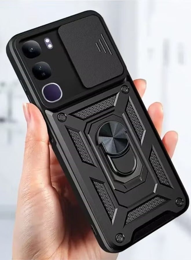 vivo V40 Lite 5G/ Y300 5G Case Cover, Slide Camera Lens Cover + 360°Rotating Kickstand Ring + Support Magnetic Car Mount Shockproof Mobile Phone Case for vivo V40 Lite 5G, Black