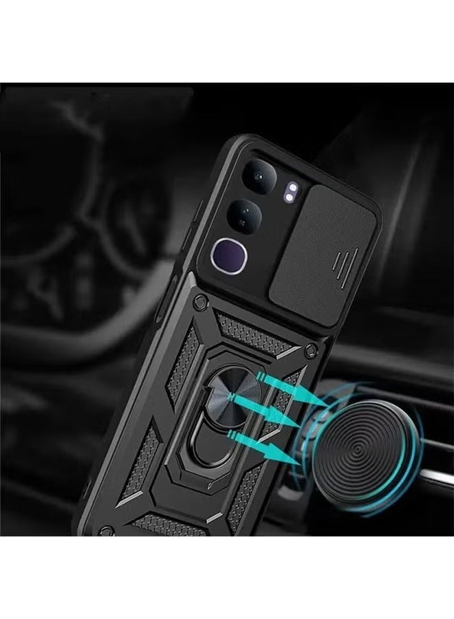 vivo V40 Lite 5G/ Y300 5G Case Cover, Slide Camera Lens Cover + 360°Rotating Kickstand Ring + Support Magnetic Car Mount Shockproof Mobile Phone Case for vivo V40 Lite 5G, Black