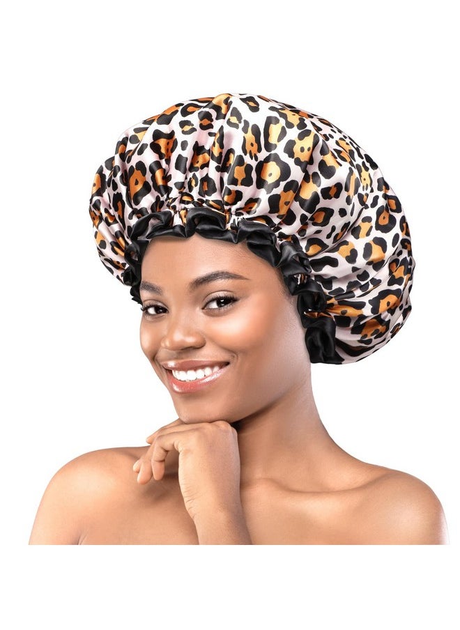 mikimini Large Shower Cap For Women Long Hair Leopard Stylish Shower Caps With Black Lace Doublelayer Waterproof Reusable Washable  - Image 1