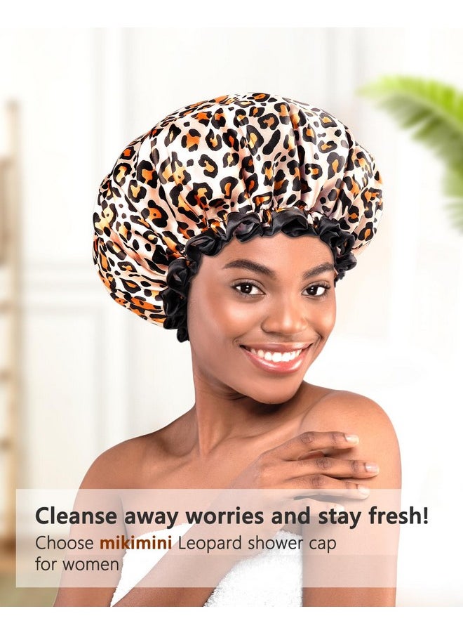 mikimini Large Shower Cap For Women Long Hair Leopard Stylish Shower Caps With Black Lace Doublelayer Waterproof Reusable Washable  - Image 5
