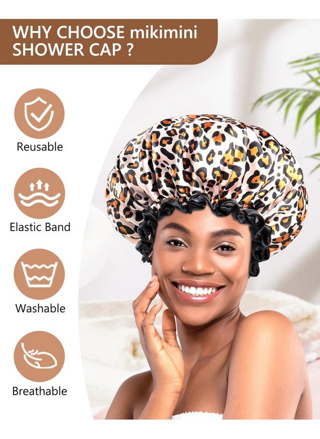 mikimini Large Shower Cap For Women Long Hair Leopard Stylish Shower Caps With Black Lace Doublelayer Waterproof Reusable Washable  - Image 4