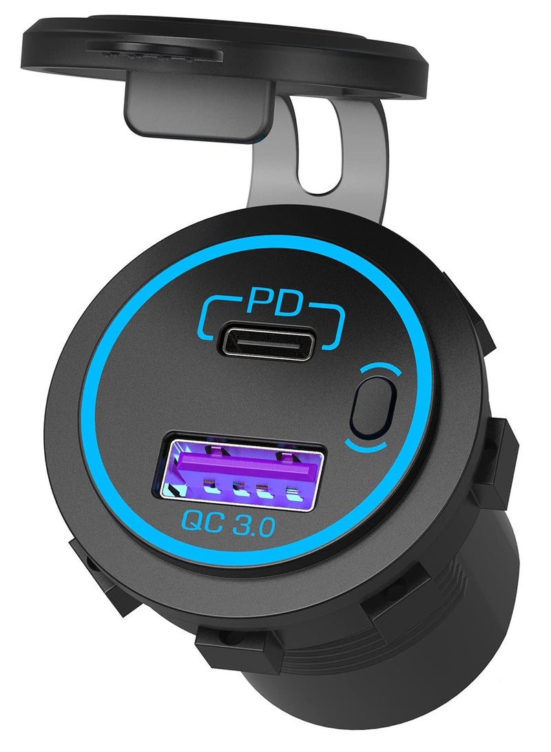 12V PD 3.0 & Quick USB Car Fast Charger Socket with ON/OFF Switch for 12V/24V Vehicles, Boats, Golf Carts, Marine, RVs, and Motorcycles (Extension Cord Not Included) - Image 1