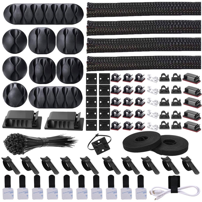 N NOROCME Cord Management Organizer Kit 4 Cable Sleeve split with 41Self Adhesive Cable Clips Holder, 10pcs and 2 Roll Self Adhesive tie and 100 Fastening Cable Ties for TV Office Car Desk Home - Image 1