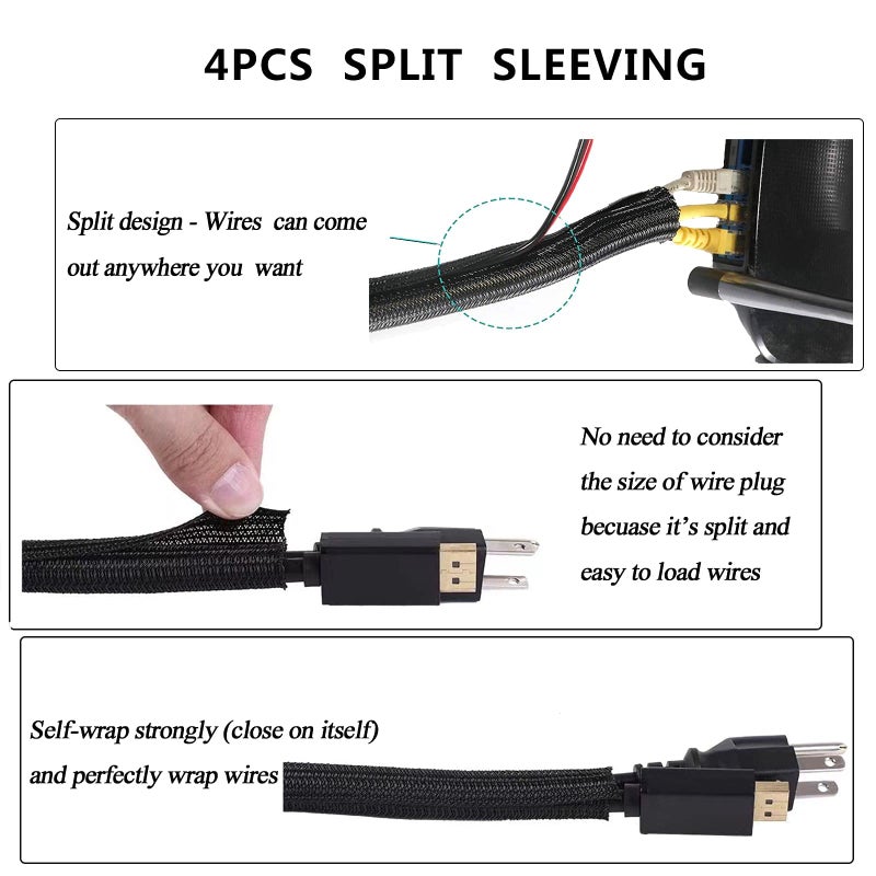 N NOROCME Cord Management Organizer Kit 4 Cable Sleeve split with 41Self Adhesive Cable Clips Holder, 10pcs and 2 Roll Self Adhesive tie and 100 Fastening Cable Ties for TV Office Car Desk Home - Image 3