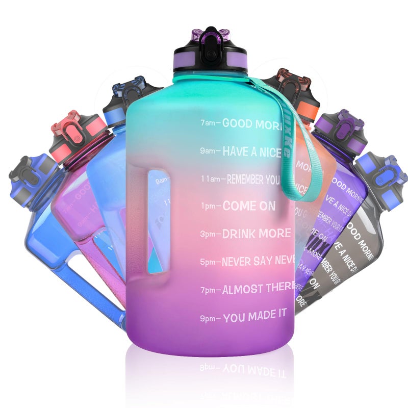 SLUXKE 128oz Motivational Water Bottle with Straw, 1 Gallon Capacity, Fitness & Sports, BPA Free, PETG Plastic, Green Pink Purple - Image 1