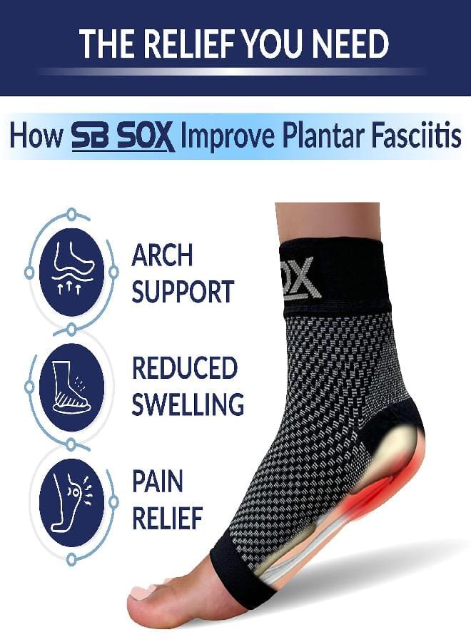 SB جوارب SB SOX لتخفيف آلام التهاب اللفافة الأخمصية - جبيرة ليلية ودعامة للقدم لالتهاب وتر العرقوب، آلام الكعب، ودعم القوس - غلاف ضغط للقدم للتعافي، تورم القدم، والإرهاق (أسود، متوسط) - Image 3