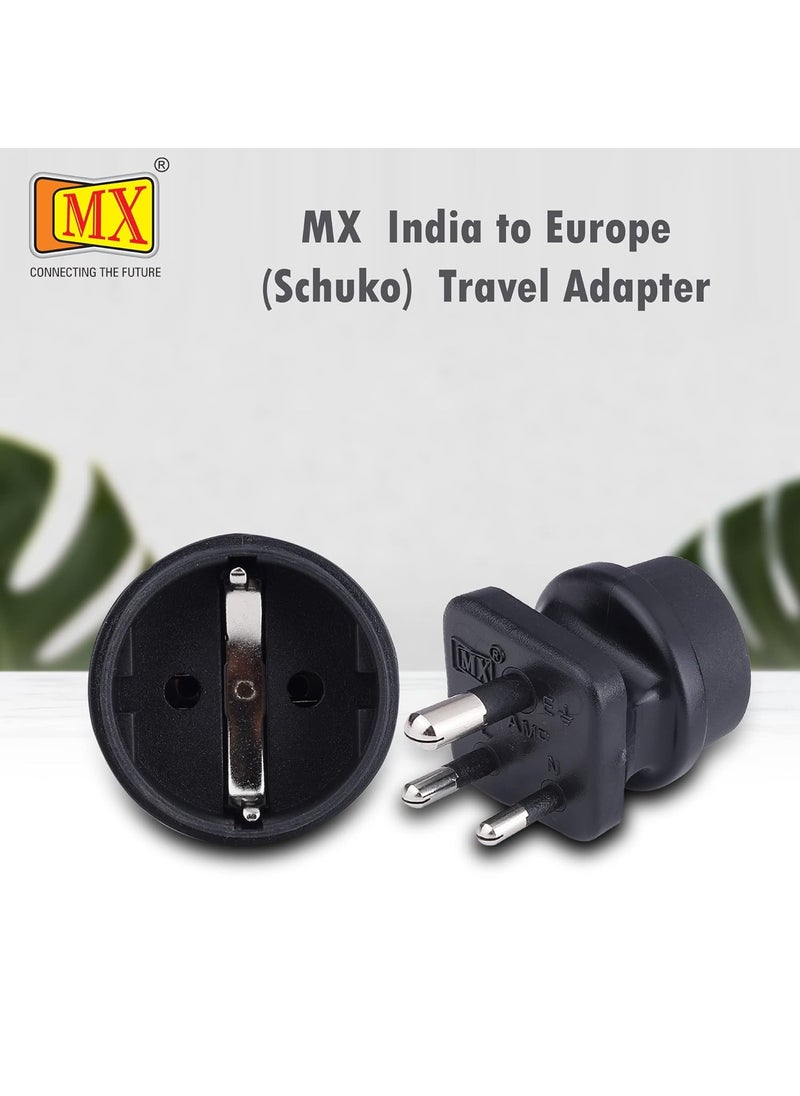 MX European Plug Adapter Schuko to India Plug Adapter 15 Amp Convert European Type EF Input to India Type D Three Prong Output Connection European Socket schuko Adapter Black Pack of 1