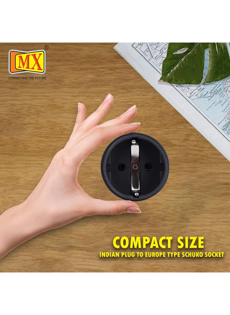 MX European Plug Adapter Schuko to India Plug Adapter 15 Amp Convert European Type EF Input to India Type D Three Prong Output Connection European Socket schuko Adapter Black Pack of 1