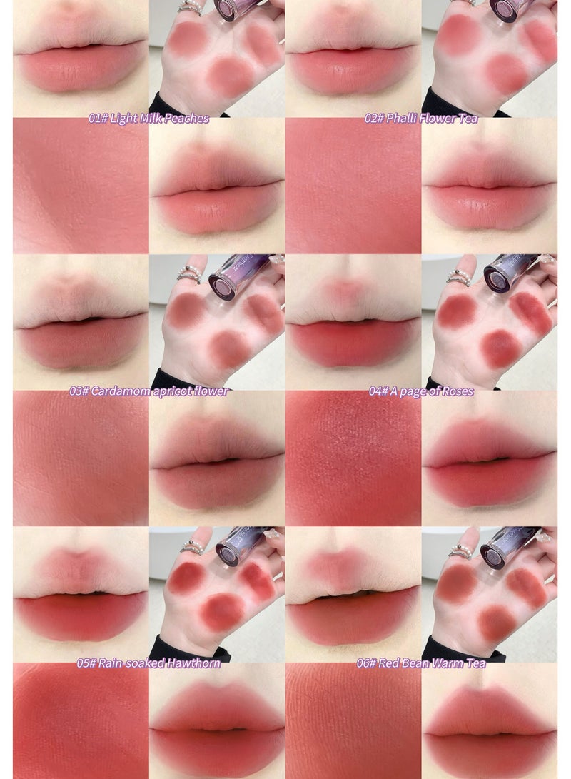 Gege bear 6 Colors Soft Mist Silky Matte Lip Glaze 3g, Waterproof Long Lasting Non-Stick Cup High Pigment Lip Tint for Women 02 Phalli Flower Tea - Image 2