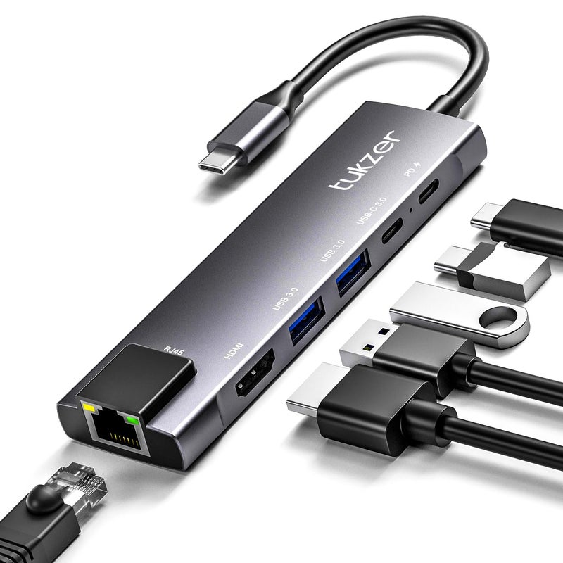 tuKZer 6-in-1 Type-C Hub to HDMI 4K@30Hz, 2 USB 3.0 Data, USB-C 3.0 Data, 100W PD with 1000M Ethernet RJ45, MultiPort Adapter Compatible with MacBook Pro Air iPad, Dell, Other Type-C Device - Image 1