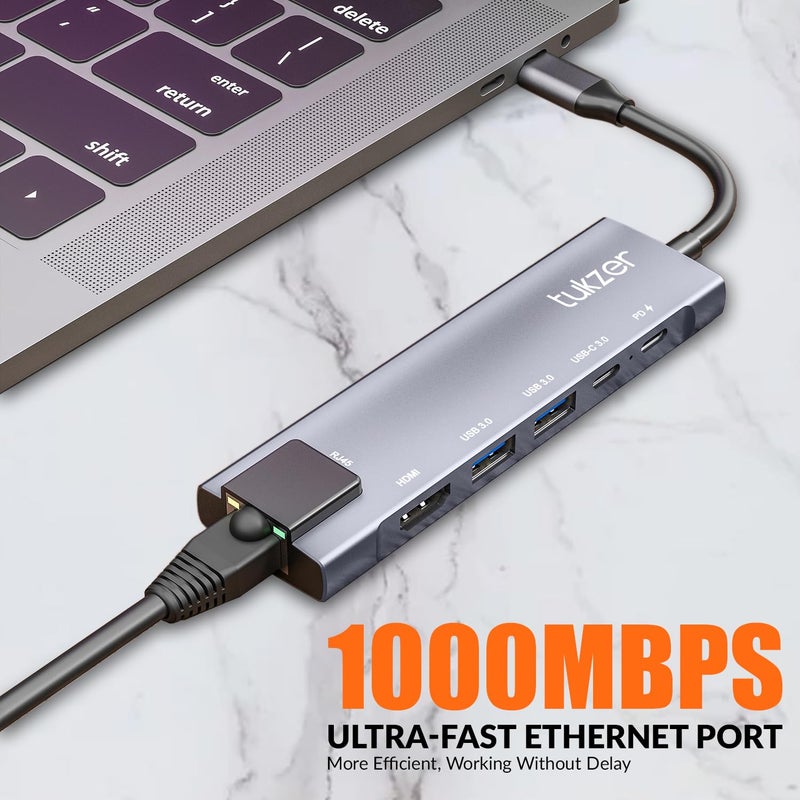 tuKZer 6-in-1 Type-C Hub to HDMI 4K@30Hz, 2 USB 3.0 Data, USB-C 3.0 Data, 100W PD with 1000M Ethernet RJ45, MultiPort Adapter Compatible with MacBook Pro Air iPad, Dell, Other Type-C Device - Image 5