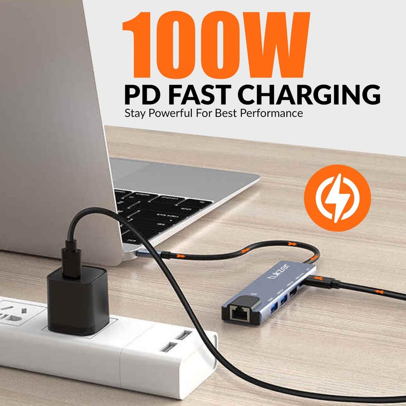 tuKZer 6-in-1 Type-C Hub to HDMI 4K@30Hz, 2 USB 3.0 Data, USB-C 3.0 Data, 100W PD with 1000M Ethernet RJ45, MultiPort Adapter Compatible with MacBook Pro Air iPad, Dell, Other Type-C Device - Image 4