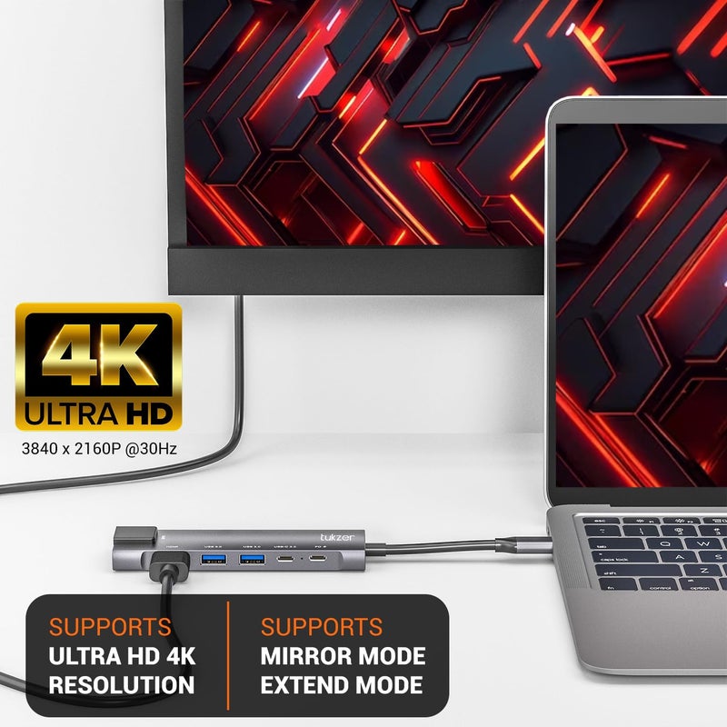 tuKZer 6-in-1 Type-C Hub to HDMI 4K@30Hz, 2 USB 3.0 Data, USB-C 3.0 Data, 100W PD with 1000M Ethernet RJ45, MultiPort Adapter Compatible with MacBook Pro Air iPad, Dell, Other Type-C Device - Image 3