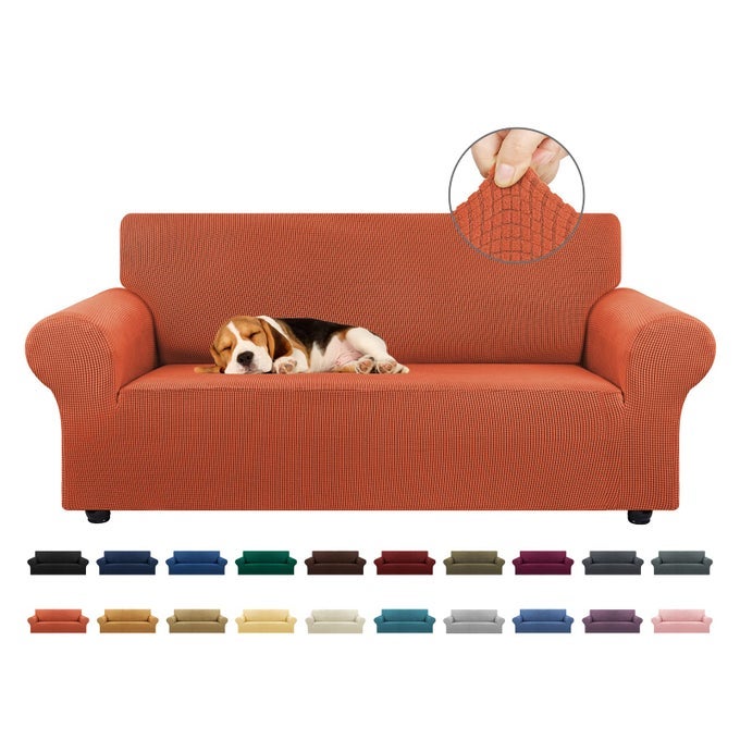 STRETCH LOVESEAT SOFA COVER SLIPCOVERCOUCH COVERS FOR 2 CUSHION COUCH SOFA 5579 FURNITURE PROTECTOR SOFA WITH ELASTIC BOTTOM FOR KIDDOG JACQUARD SMALL CHECKED MEDIUMPUREED PUMPKIN