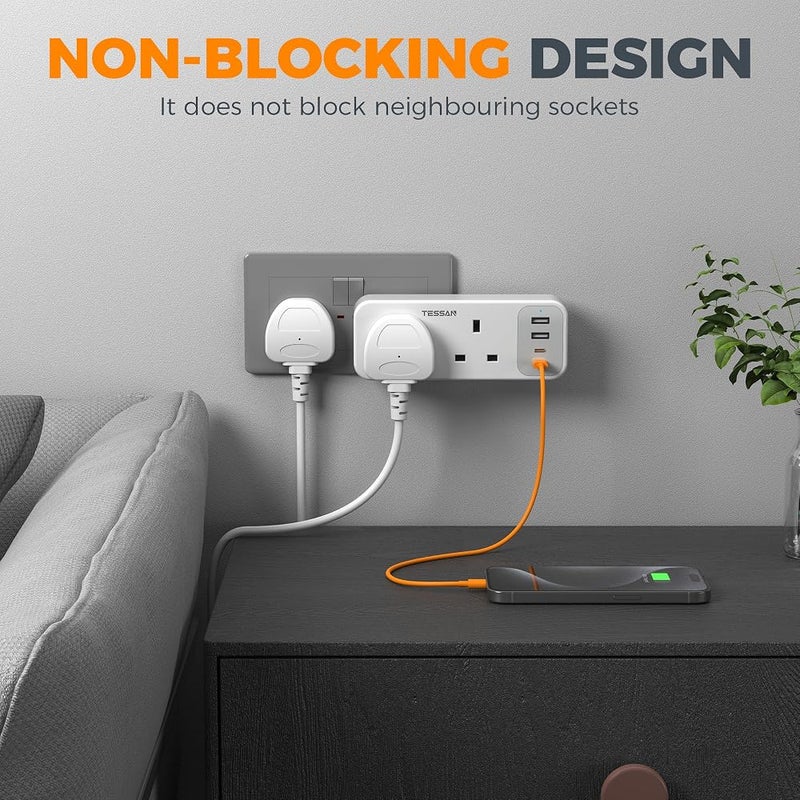 TESSAN 2 Way Multi Plugs Extension Adapter with 4 USB(2 USB C) - Image 3