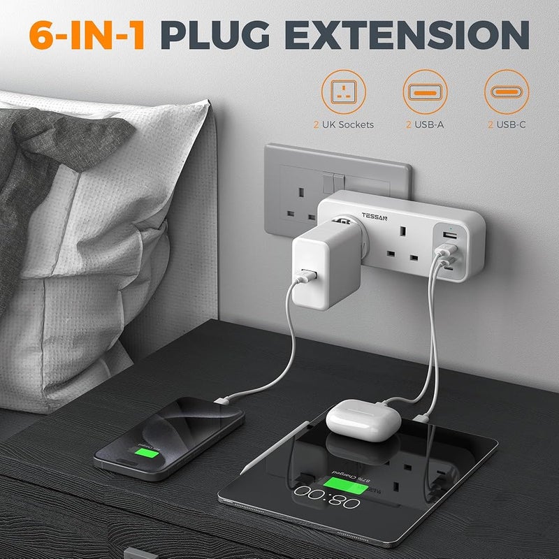 TESSAN 2 Way Multi Plugs Extension Adapter with 4 USB(2 USB C) - Image 2