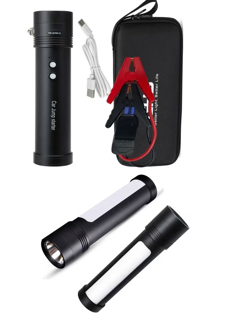 جهاز تشغيل بطارية السيارة المحمول متعدد الوظائف 12V/24V بسعة 9900mAh مع باور بانك وكشاف LED قوي 5W XPG بمدى 800 متر، أضواء طوارئ SOS وتحذير أحمر/أزرق، شاحن USB للمحركات البنزين 6.0 لتر والديزل 3.0 لتر - بوستر طوارئ من الألمنيوم شديد التحمل للسيارات والدفع الرباعي والشاحنات والدراجات النارية والتخييم والأعطال على الطريق - Image 1