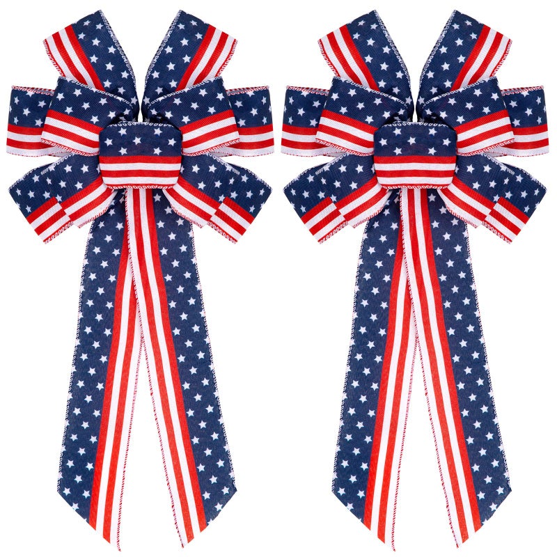 Whaline 2Pcs Large Patriotic Wreath Bow Red Blue Stars and Stripes Bow 4th of July American Flag Wreath Bow for Indoor Outdoor Bunting Wreath Holiday Independence Day Party Door Wall Decoration