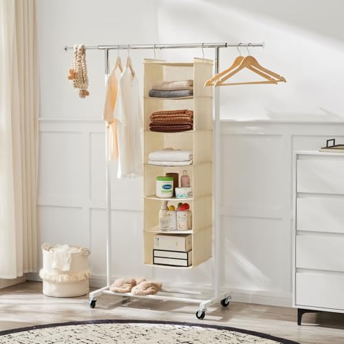 MAX Houser 6 Tier Shelf Hanging Closet Organizer, Cloth Hanging Shelf with 2 Sturdy Hooks for Storage, Foldable (Beige) - Image 2