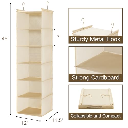 MAX Houser 6 Tier Shelf Hanging Closet Organizer, Cloth Hanging Shelf with 2 Sturdy Hooks for Storage, Foldable (Beige) - Image 3