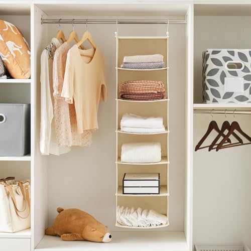 MAX Houser 6 Tier Shelf Hanging Closet Organizer, Cloth Hanging Shelf with 2 Sturdy Hooks for Storage, Foldable (Beige) - Image 5