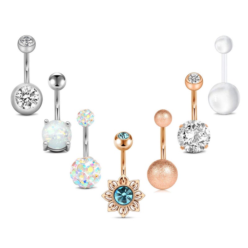 FECTAS 14g Belly Button Rings Surgical Steel CZ with Retainers Navel Ring Barbell for Women Body Piercing Jewelry Rose Gold Silver - Image 1